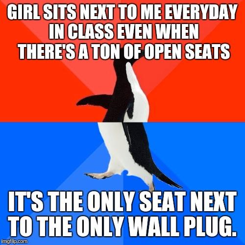 Socially Awesome Awkward Penguin meme example 1